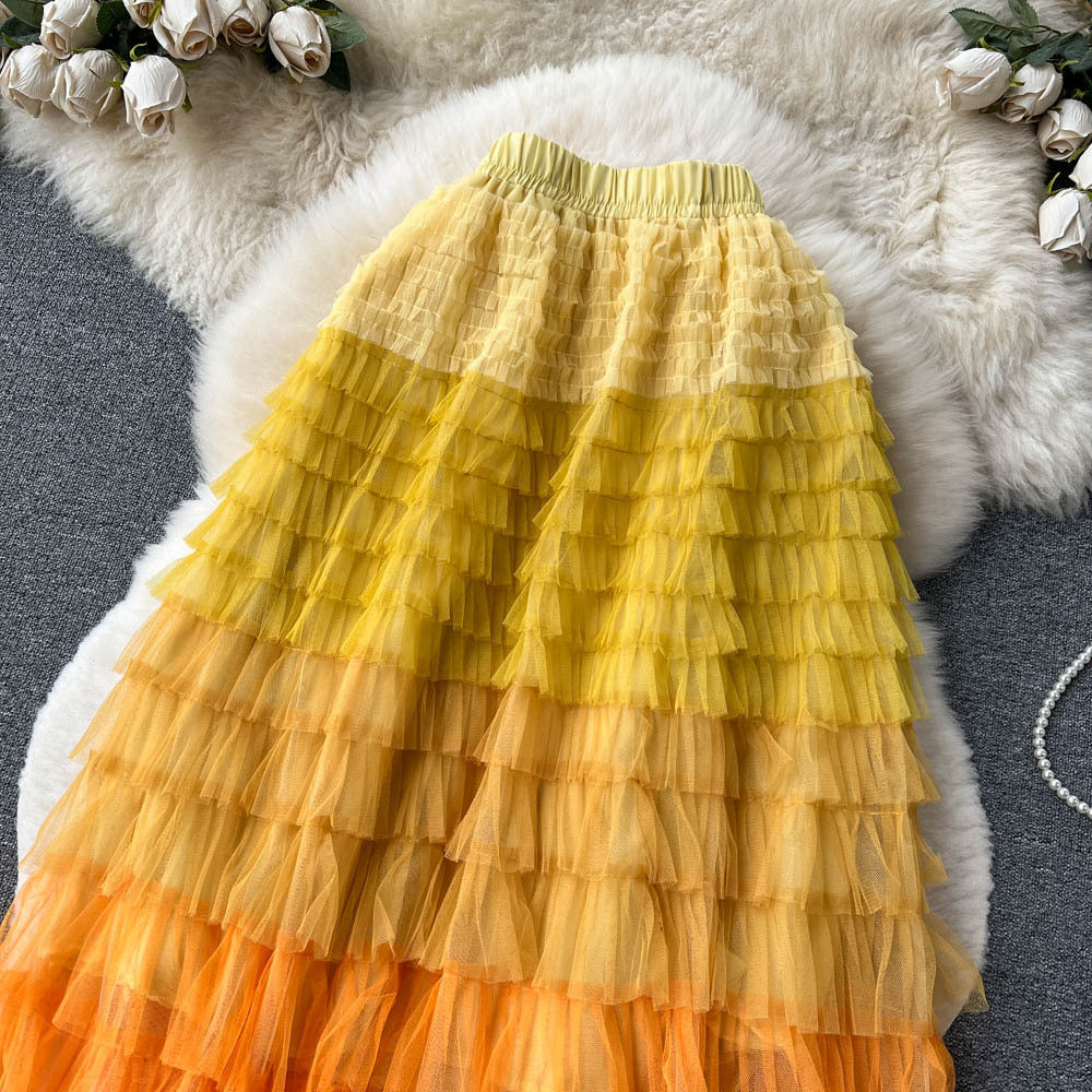 Women  Irregular Gradient Cascading Ruffles Puffy Mesh Skirt 39