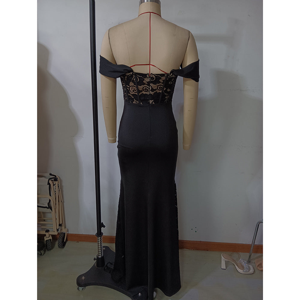 Women spring Summer Off Shoulder Lace Patchwork Evening Dress 9