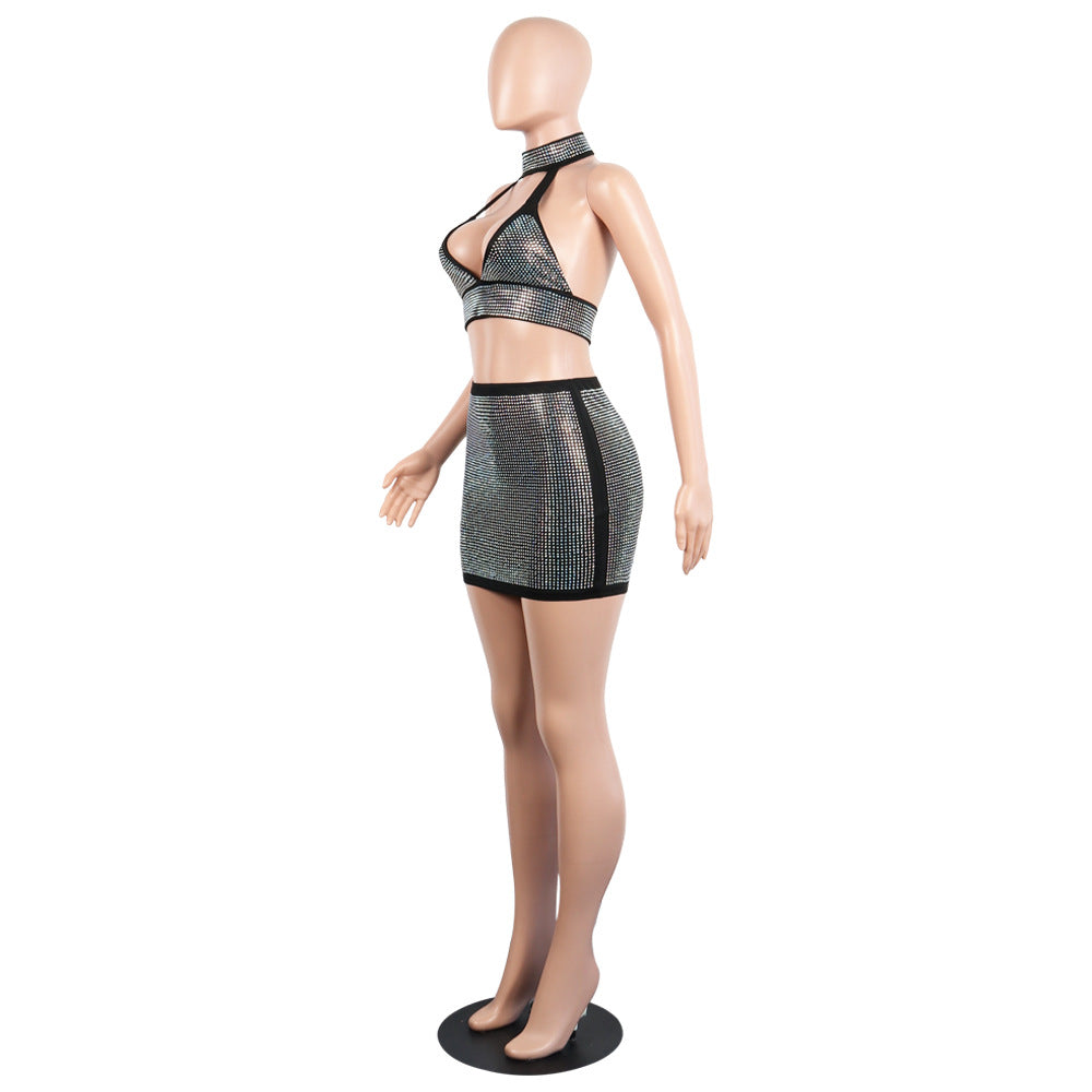 Sexy diamond-encrusted deep V-wrapped chest strap two-piece skirt set 16