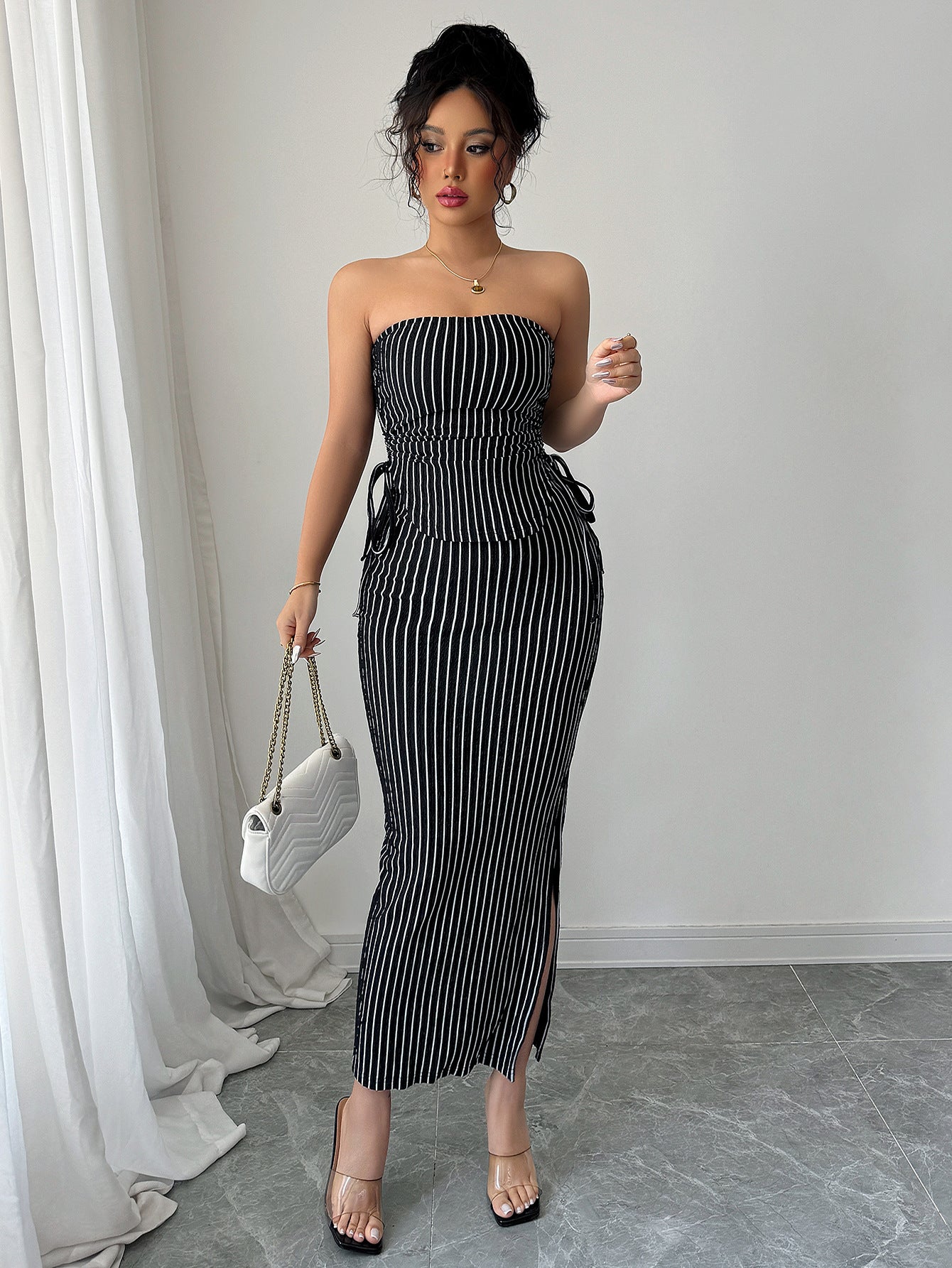 Women elegant stripes Lace-Up Strapless Top and Bodycon Skirt two-piece set 4