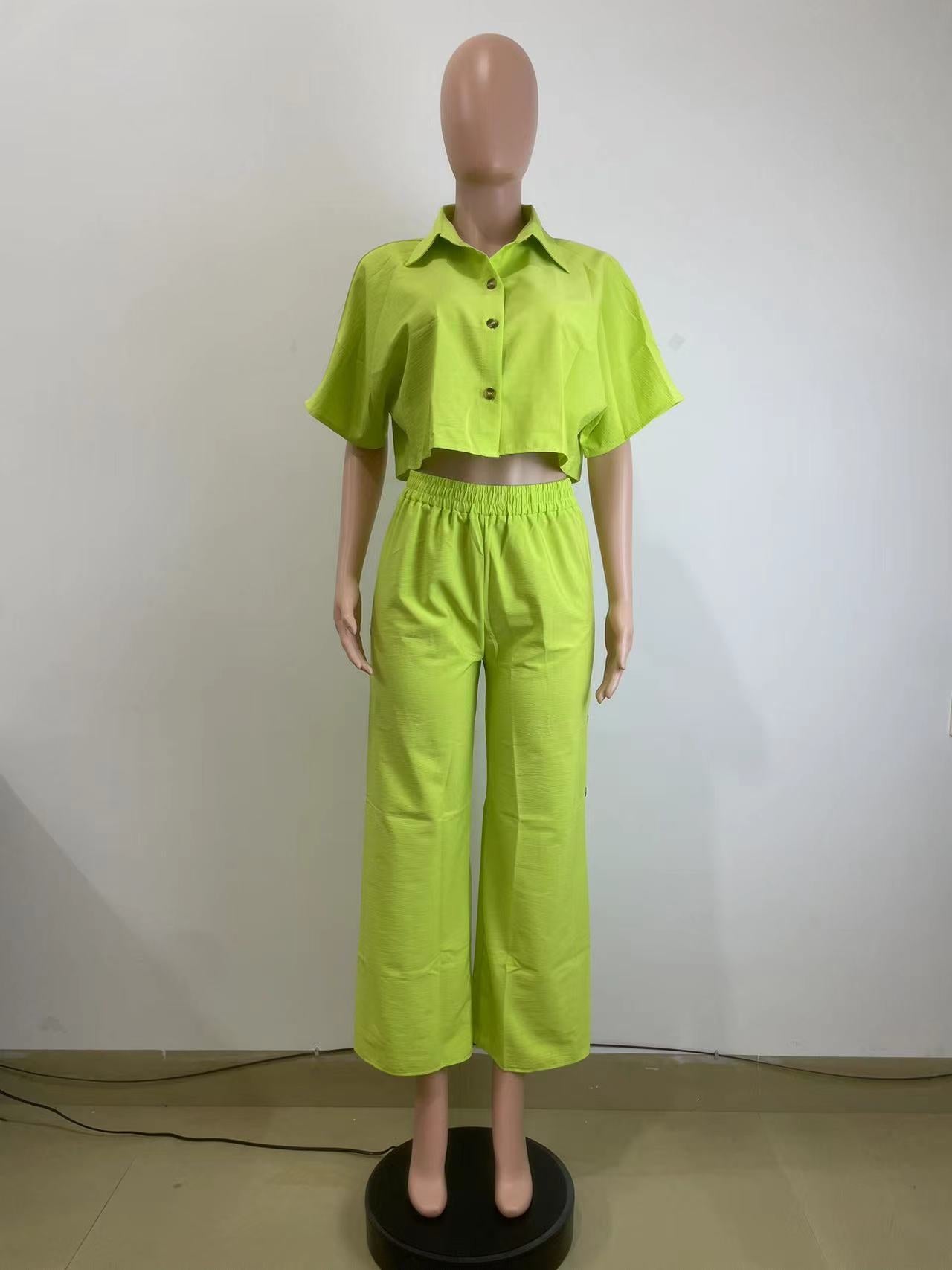 Women turndown collar shirt and nine-point wide-leg pants two-piece set 8