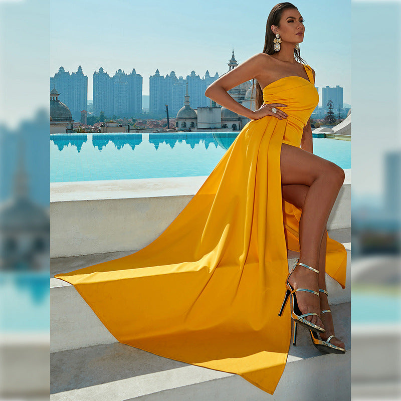 Women Summer One Shoulder Off Shoulder Prom Party Slit Evening Dress 8