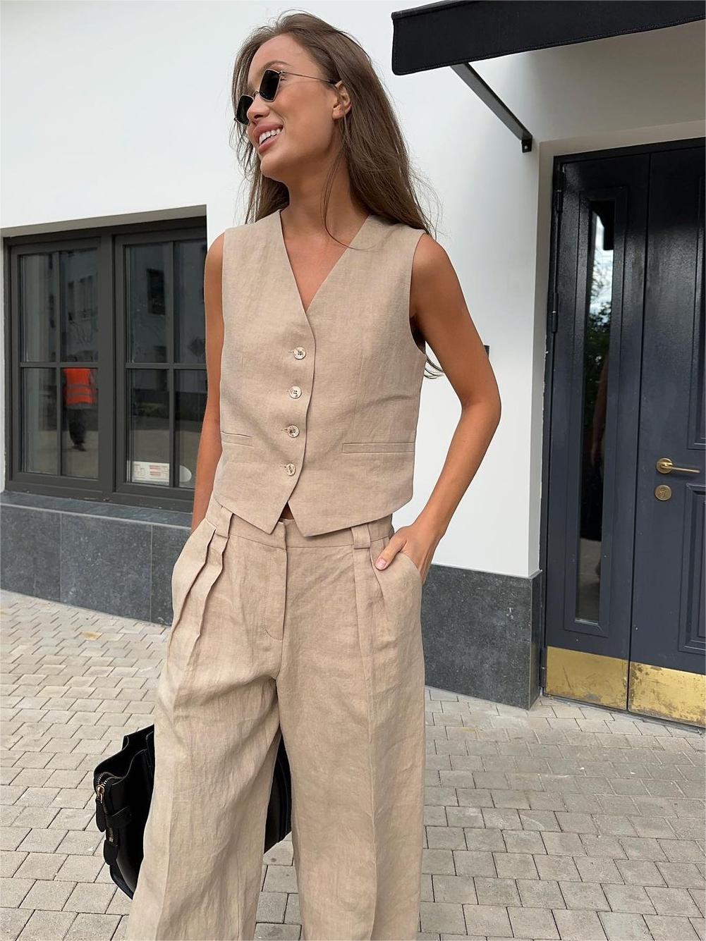 Women Casual Single-Breasted Vest + Pants Two-Piece Set 8