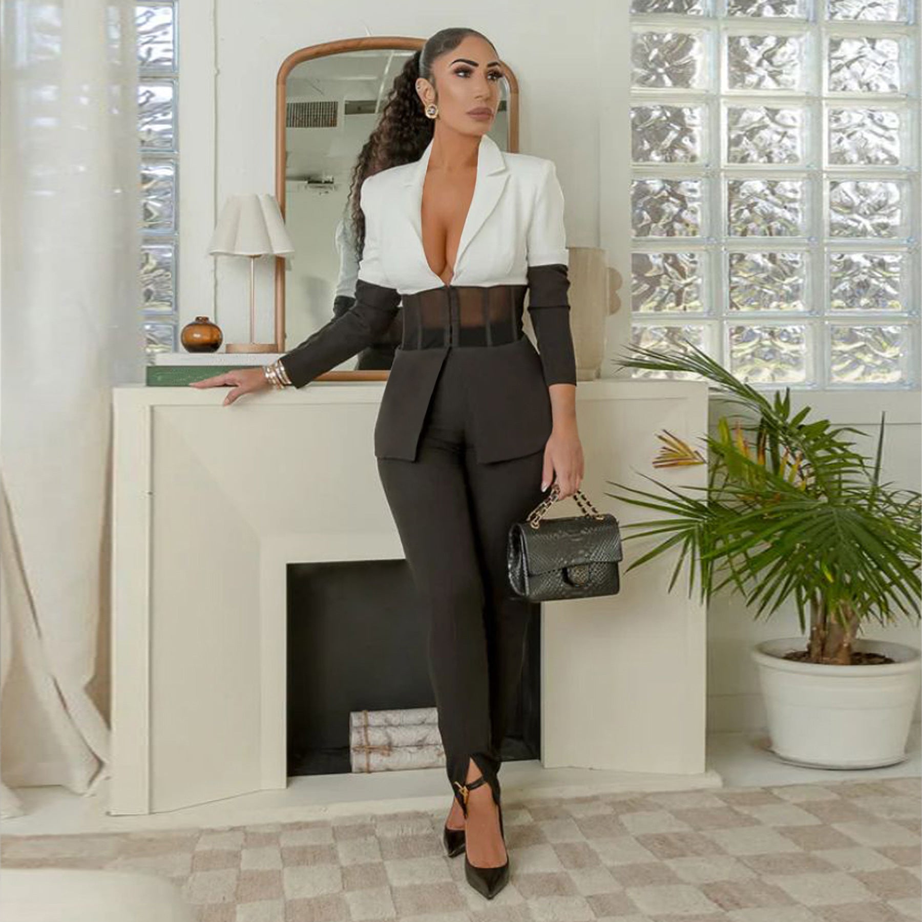 Women's Autumn Suit Contrast Patchwork Casual Two-piece Blazer pants set 3