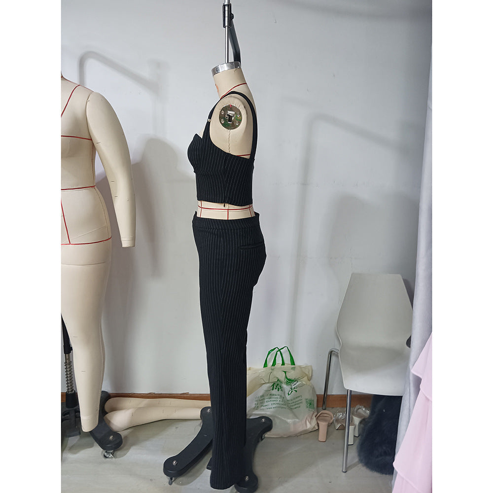 Women Summer Casual lace Suspender Top and Bell Bottom Long Pants Two-piece Set 7