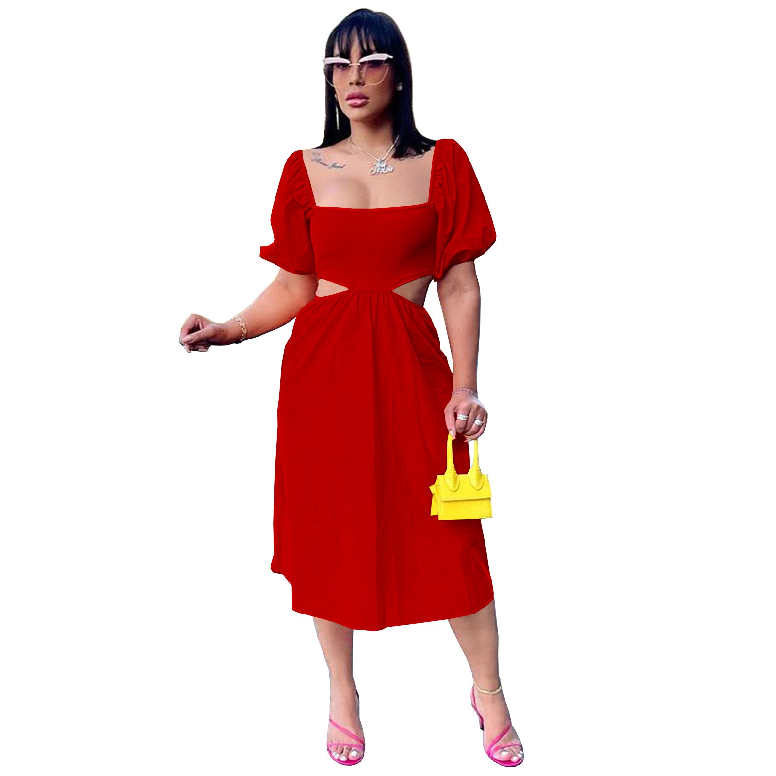 Women Solid U Neck Lantern Short Sleeve Irregular Dress 9