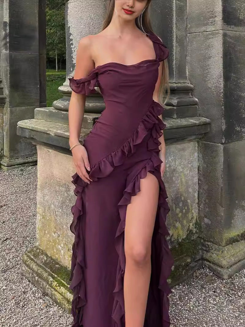 Women Sexy Summer Halter Square Neck Ruffle Edge Side Slit Solid Dress 8