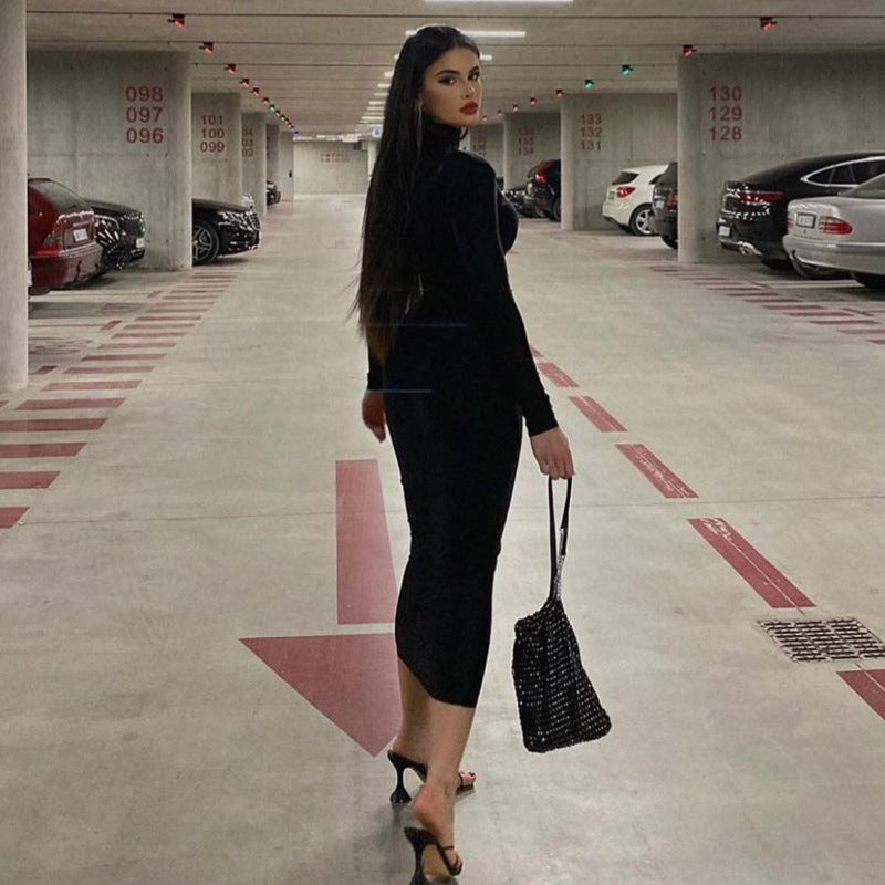 Women Fall Solid Turtleneck Long Sleeve Bodycon Dress 4