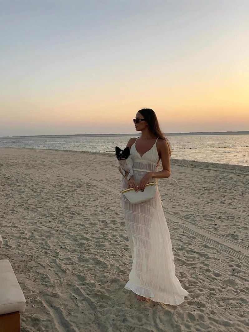 Women Summer Halter Neck Lace-Up Sexy Backless Lace Lace Strap Beach Cover-up 5