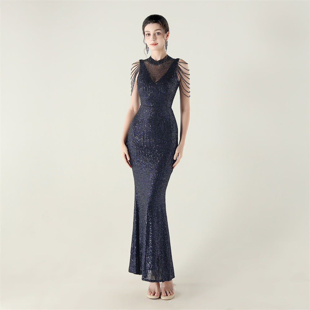 High Neck Fishtail Sequin Crystal Evening Dress Wedding Formal Party Gown 6