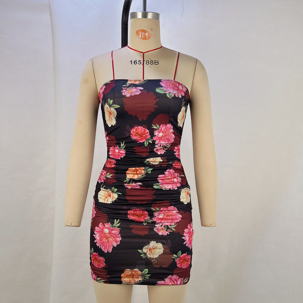 Women's Summer Sexy Floral Printed Strapless Slim Nightclub Bodycon Dress 12