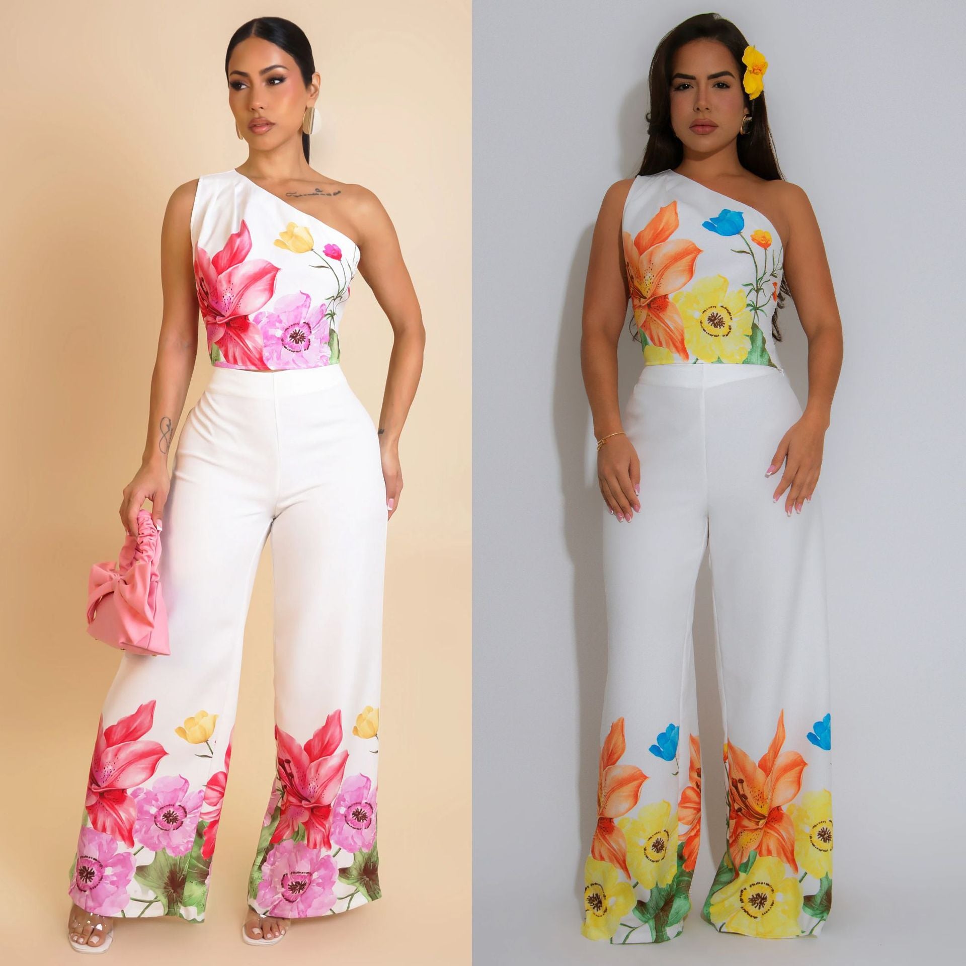 Women Elegant Stretchy Slash Shoulder Top and Wide Leg Pants Two Piece Set 7