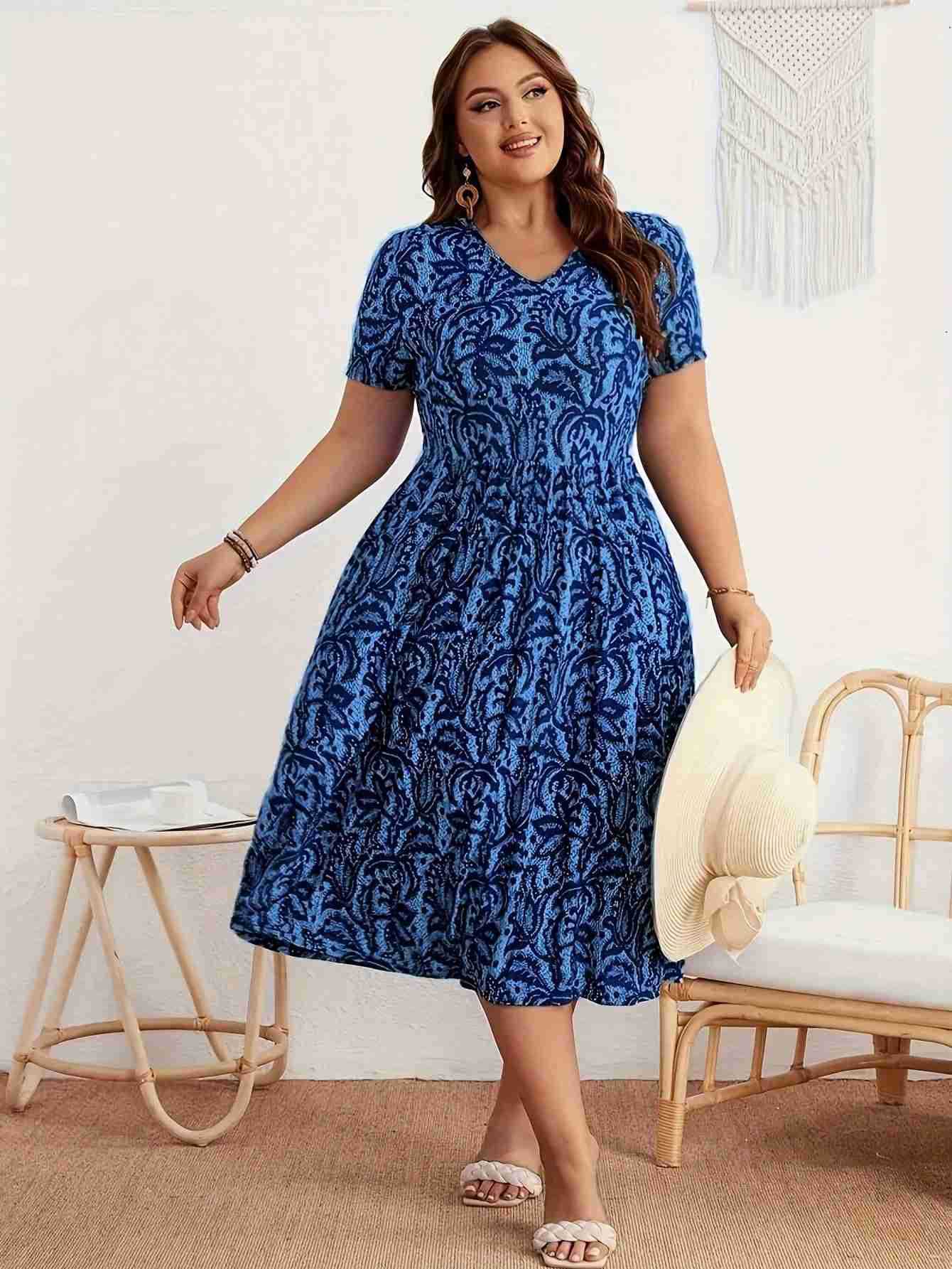 Plus Size Women Elegant V-neck Short Sleeve Maxi Dress 6