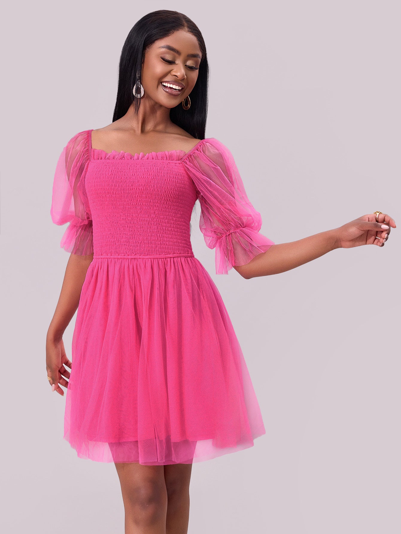 Women Formal Dress Off Shoulder Long Sleeve Pleated Mesh Dress