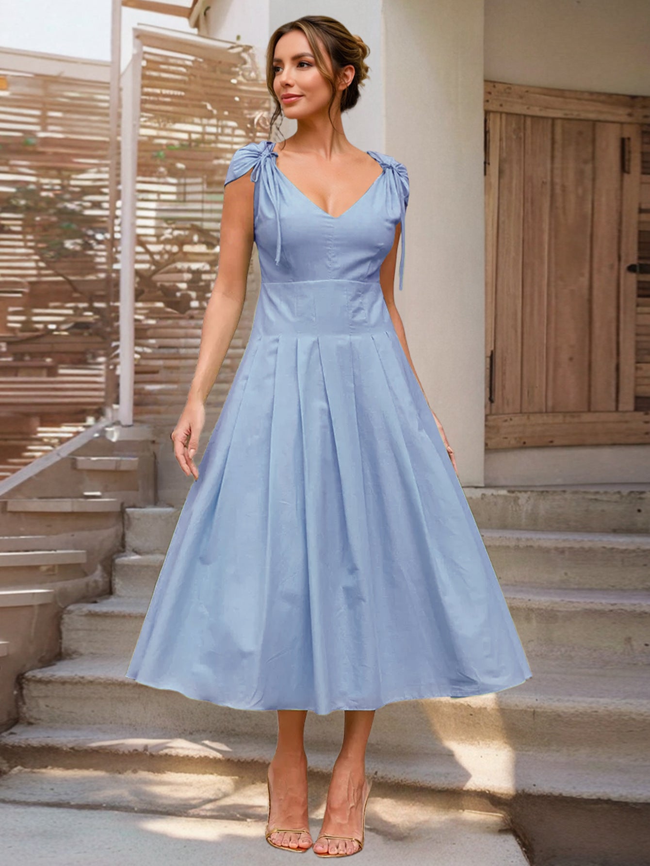 Women Elegant V-Neck Lace-Up Summer Dress 3