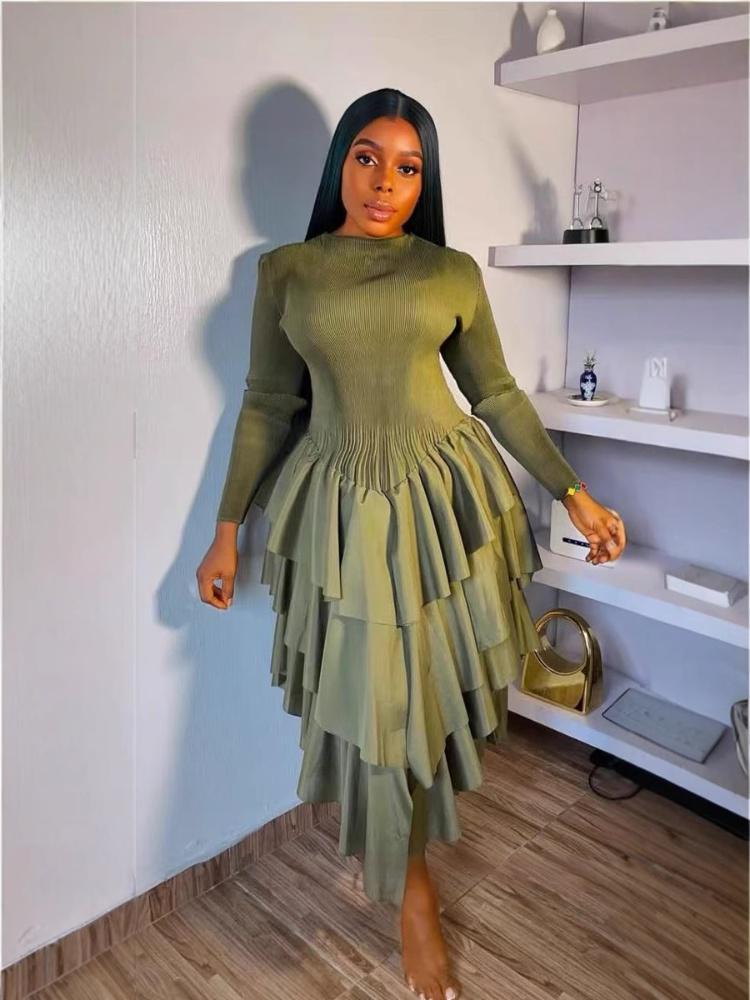 Plus Size Fashion Flounce Chic Slim Waist Elegant Solid Cascading Ruffles Dress 3