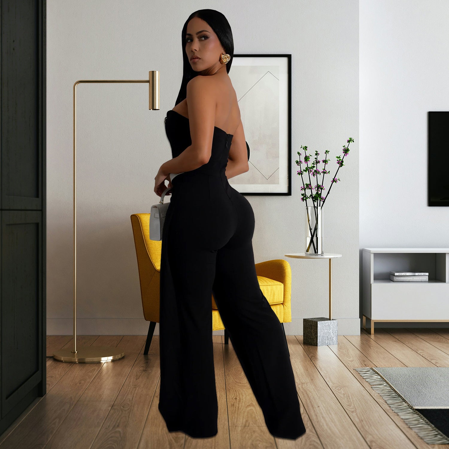 Women Sexy Strapless Backless Button Jumpsuit
