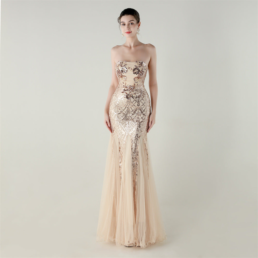 Women Strapless cross Lace-Up sequined tube flower sequined mesh evening dress Formal Party evening dress 23