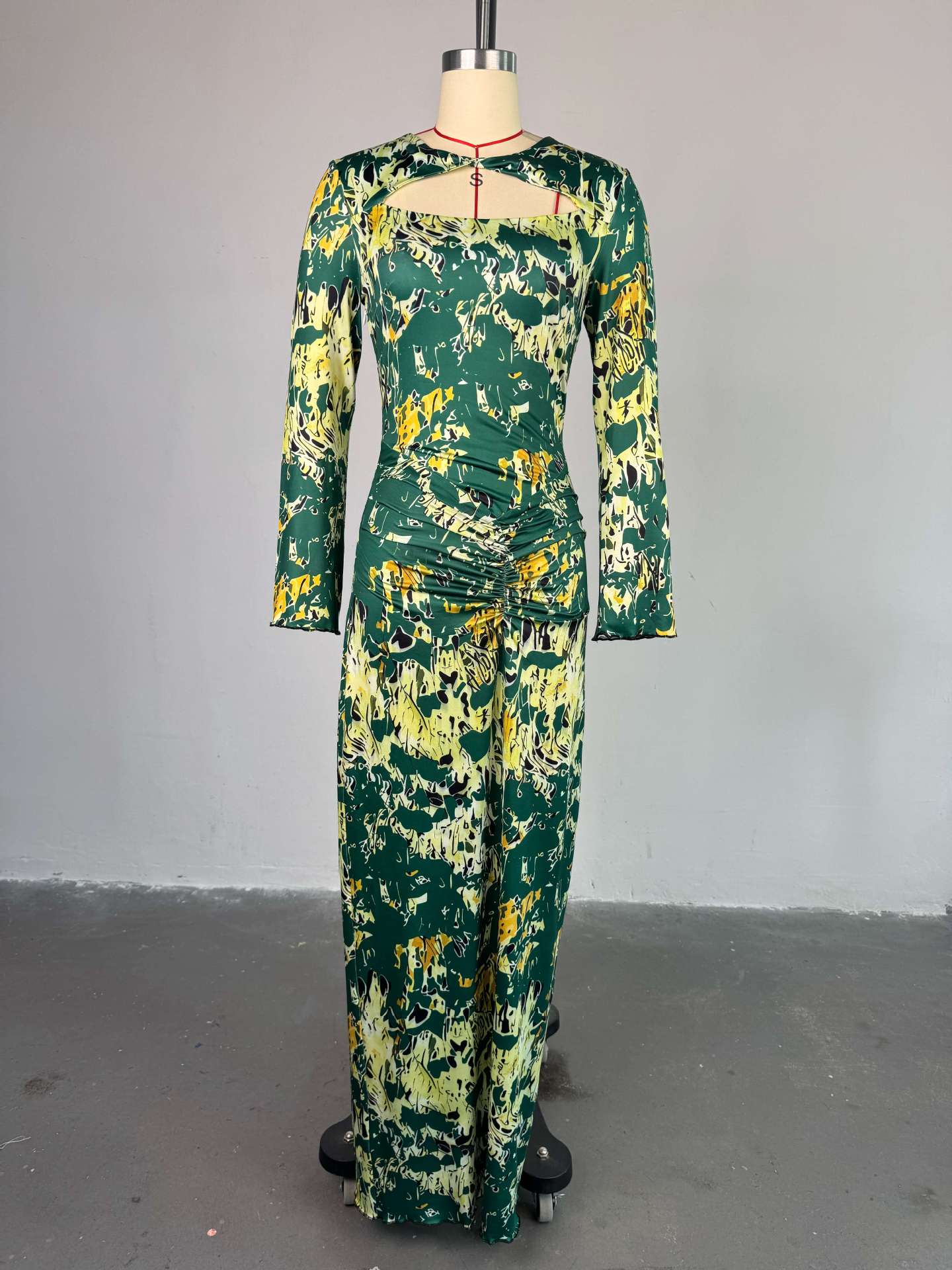 Women's Spring Print Hollow Neck Long-Sleeve High-Waist Slim Long Dress 3