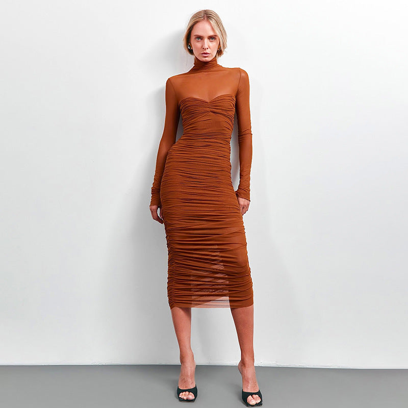 Autumn Solid Color High Collar Mesh Patchwork Long-Sleeved Sexy Bodycon Dress 3