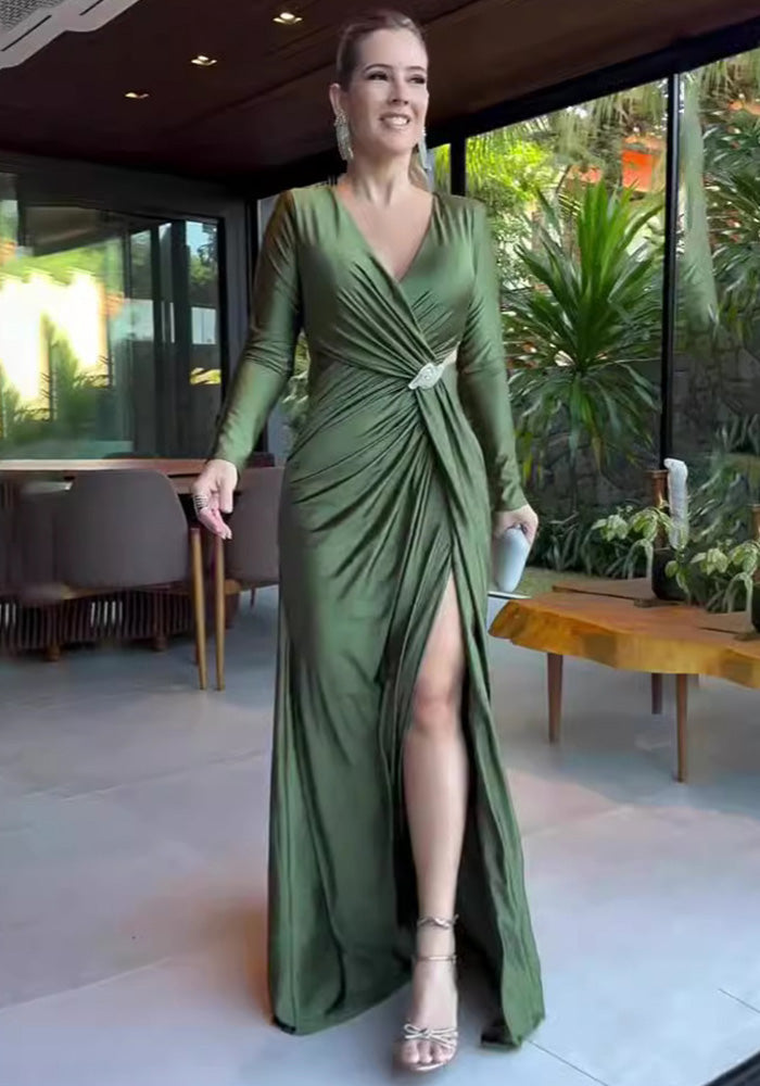 Summer V-Neck Solid Color Long-Sleeved Slim Women's Long Dress