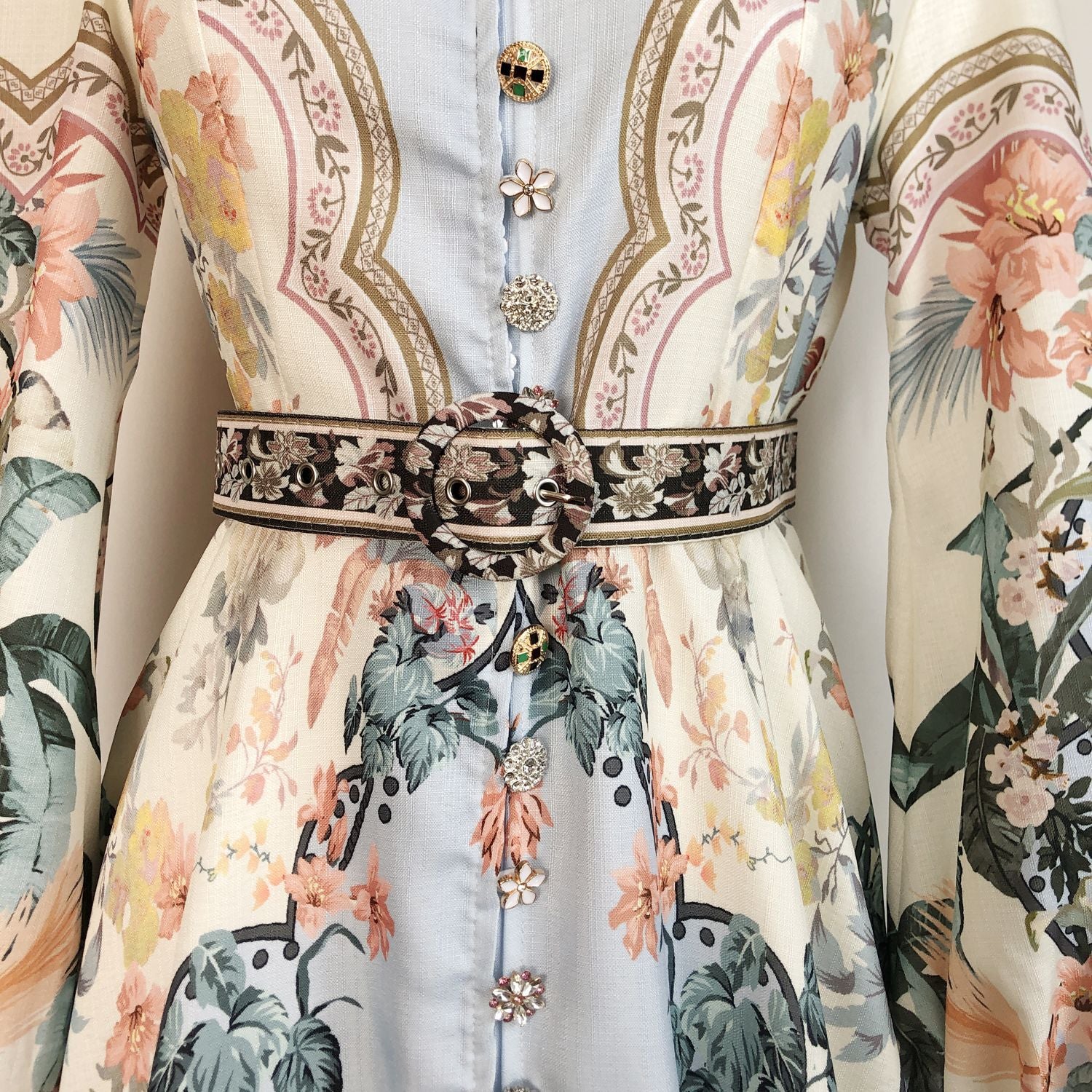 Elegant Print Row Jewelry Button Floral Lantern Sleeve Midi Dress with Belt 19