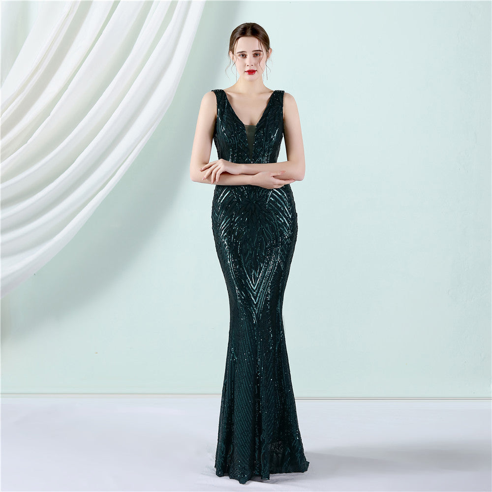 Women Summer Formal V-neck Sleeveless Patchwork Sequined Mermaid Evening Dress 18