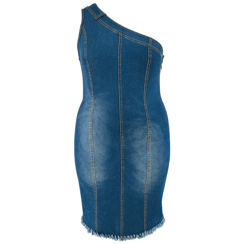 Plus Size Women's Slash Shoulder Denim Dress 5