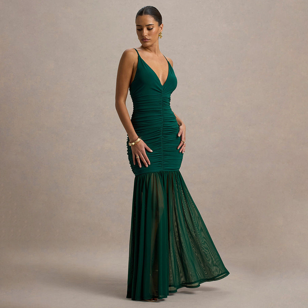 Women Sexy and Elegant Ruffled See-Through Solid Backless V-Neck Strap Dress 10