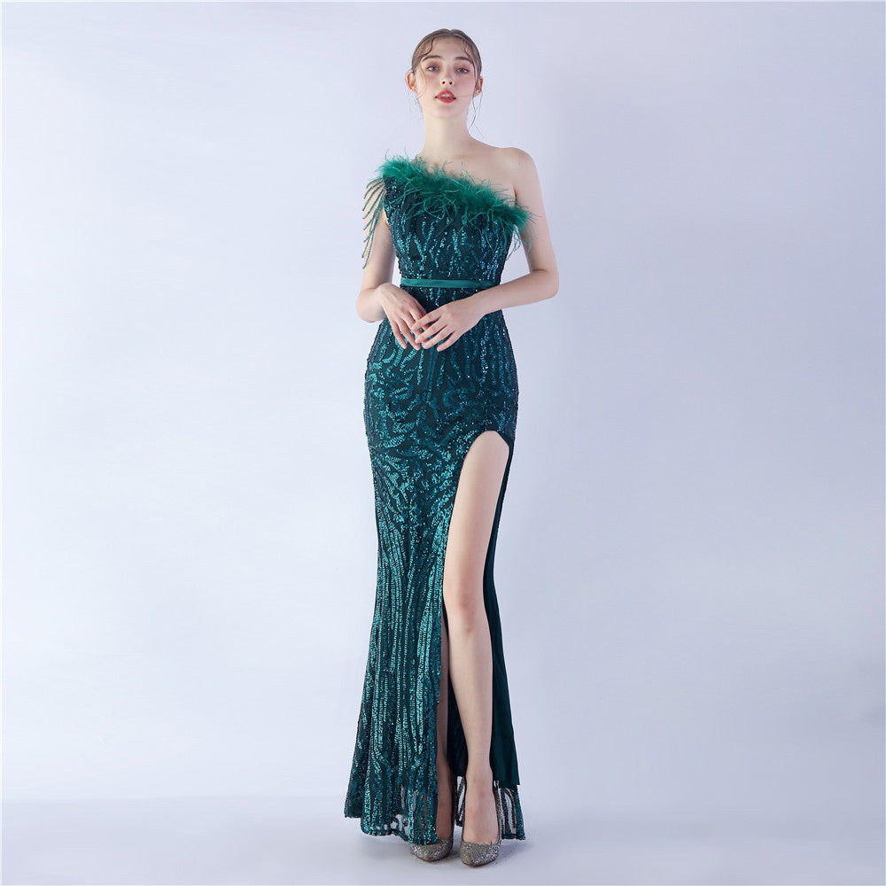 Women Elegant Beaded Ostrich Feather Slash Shoulder One Shoulder Formal Party Evening Dress 18