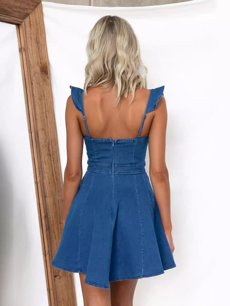 Women's Summer Fashion Casual Fly Sleeve Low Back Denim Dress 7