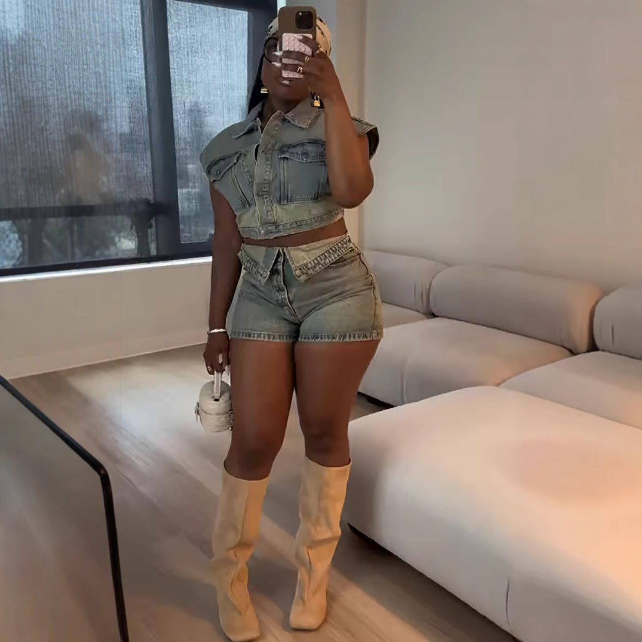 Women summer contrast color sretchy denim top and shorts two-piece set 4