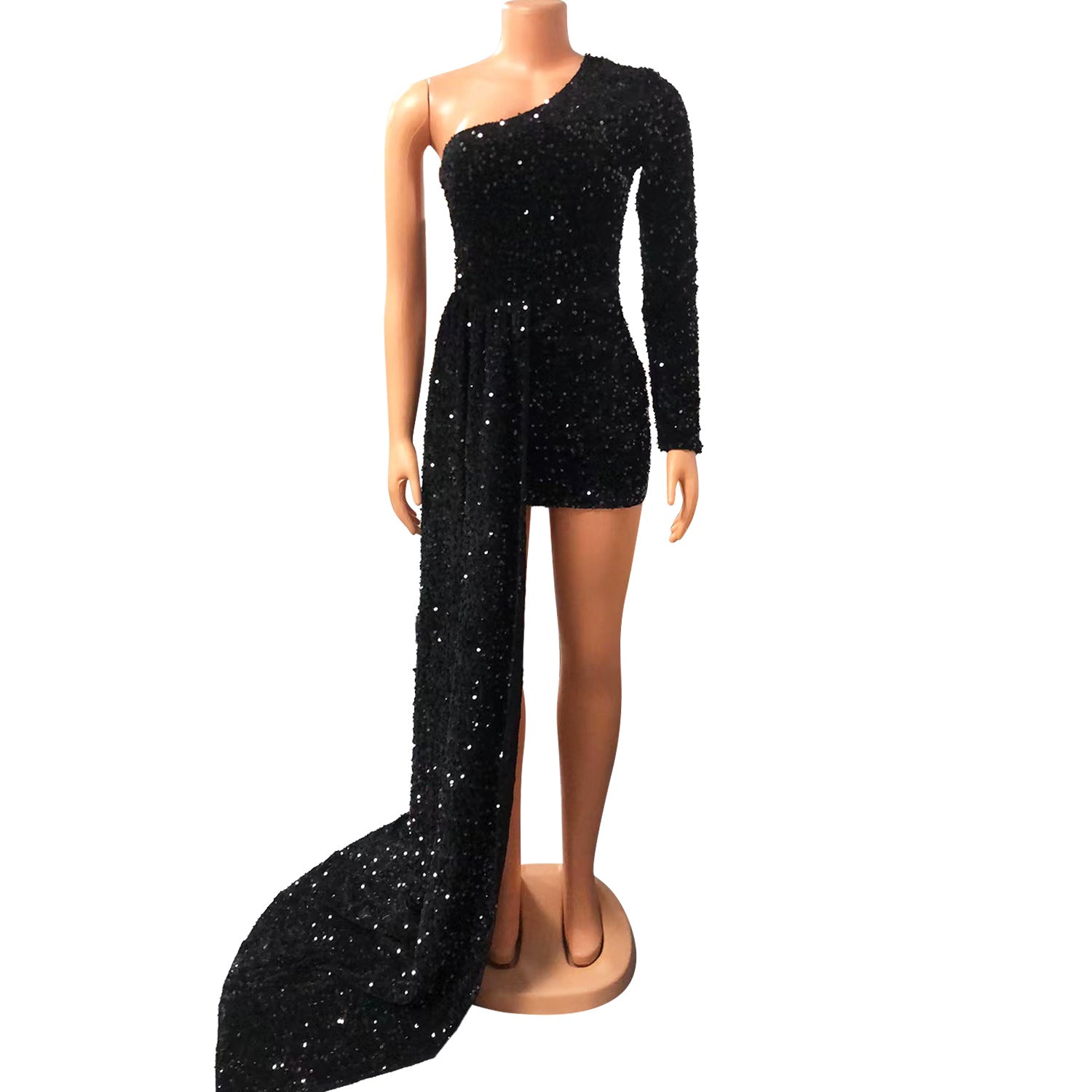 Women Sexy One Shoulder Long Sleeve Sequin Dress 15