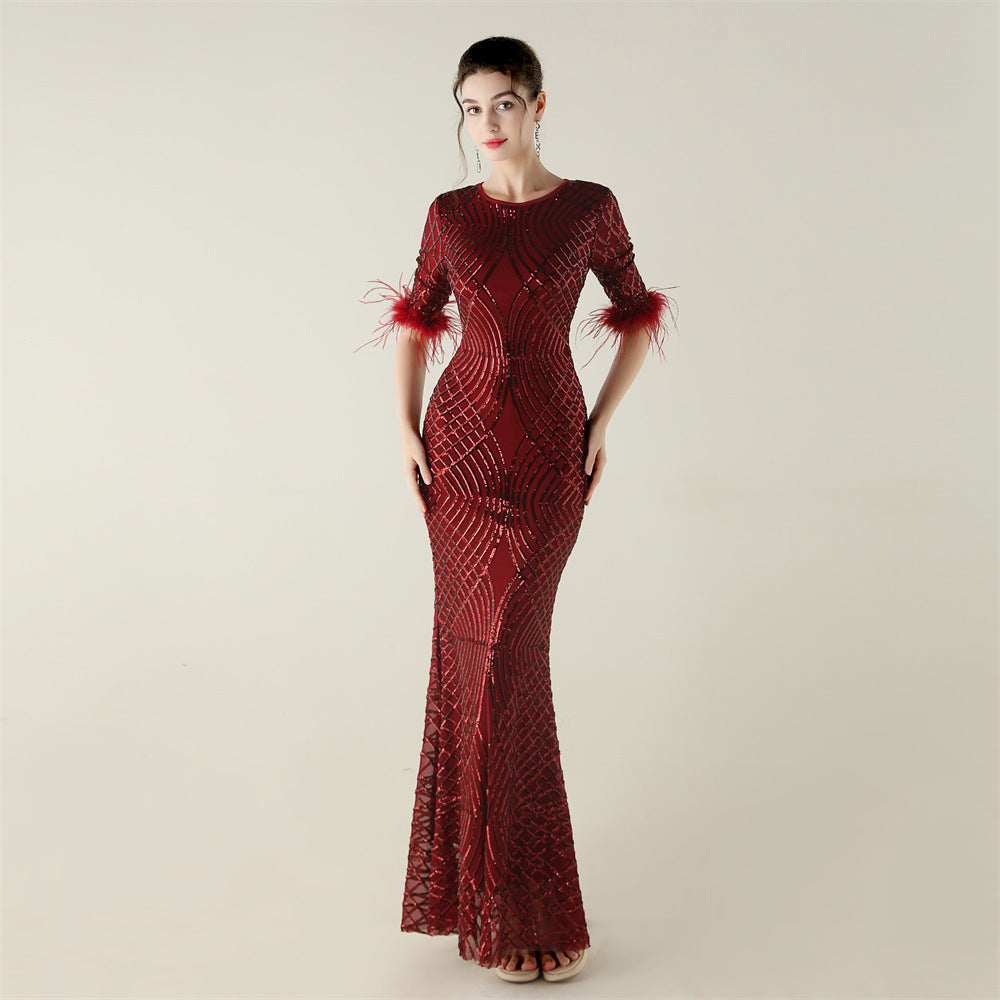 Sequin Feather Half Sleeve Fishtail Evening Gown 13