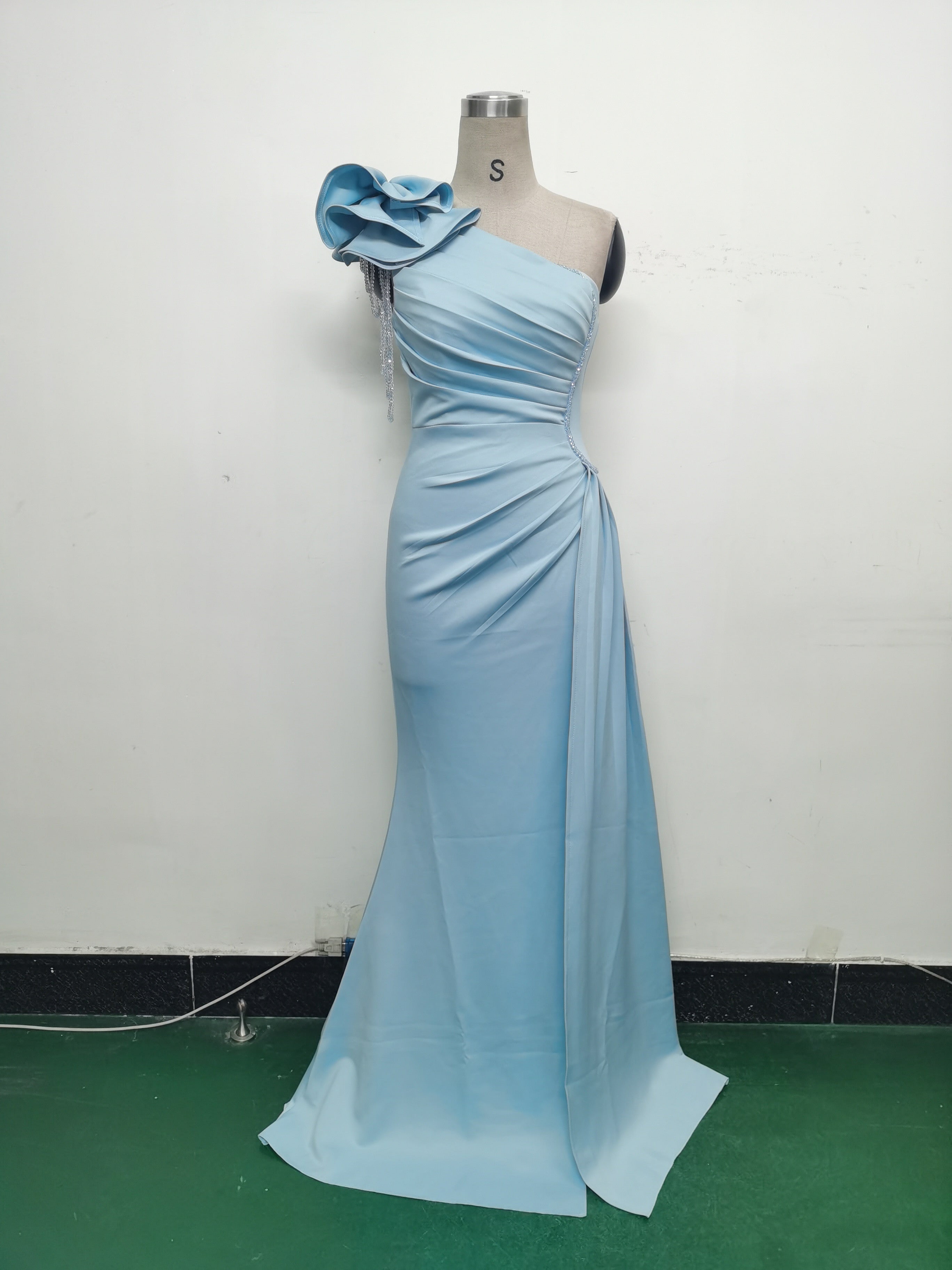 Women Beaded Flower Pleated Off-shoulder Split Evening Dress 26