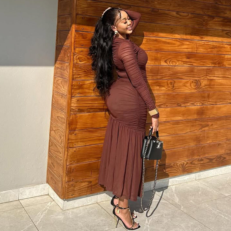 Women's Chic Slim Waist Solid High Neck Long-Sleeve Ruched Long Dress 4