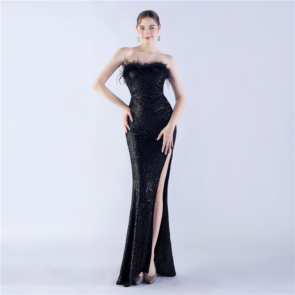 Fur Strapless Sexy Sequins Slit Evening Dress 3