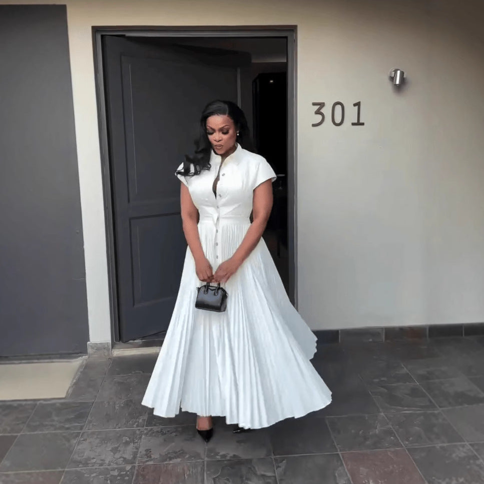 Women Short Sleeve Pleated Shirt Dress 5