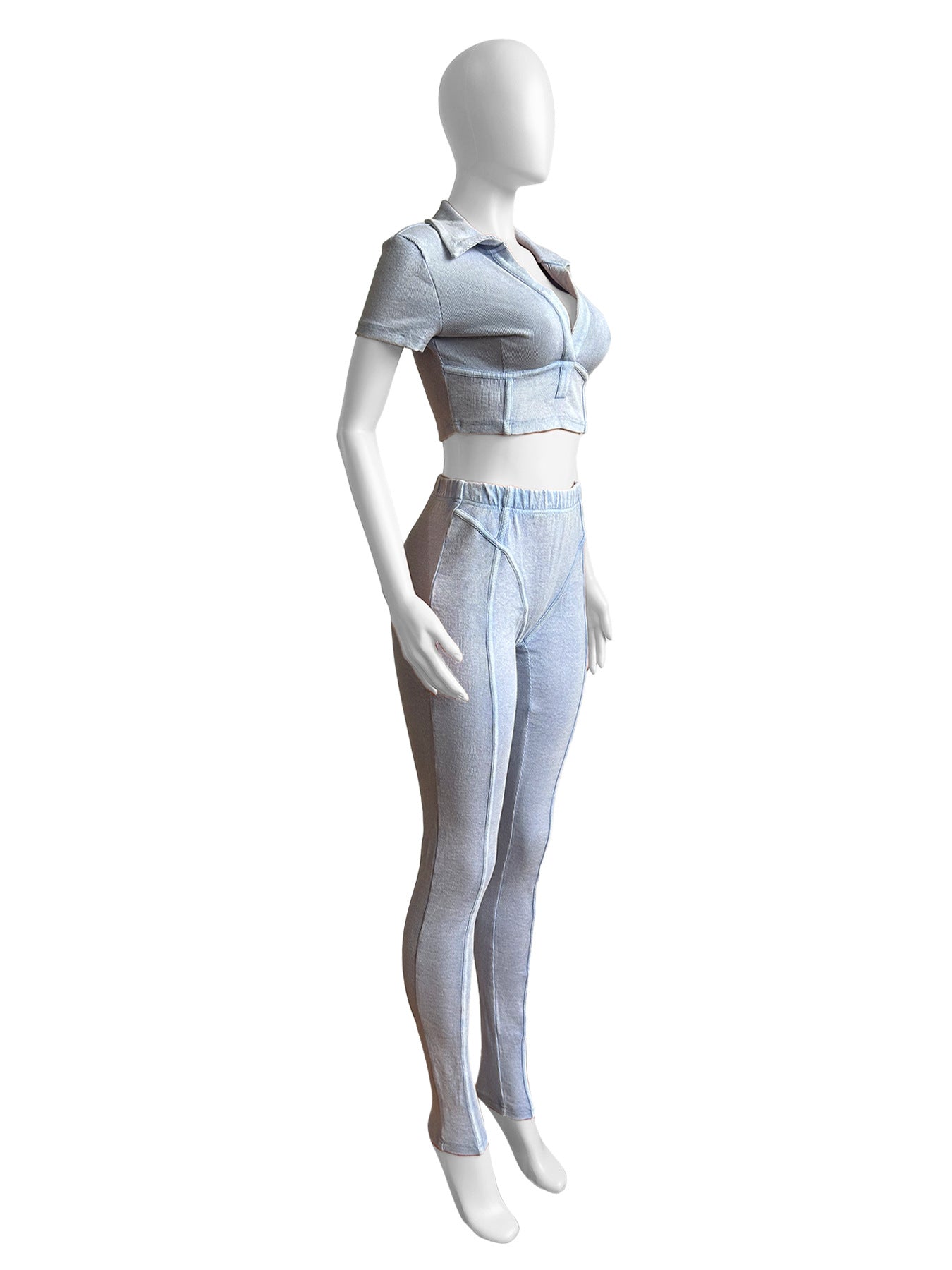 Women Washed and distressed Turndown Collar V Neck two-piece set 9