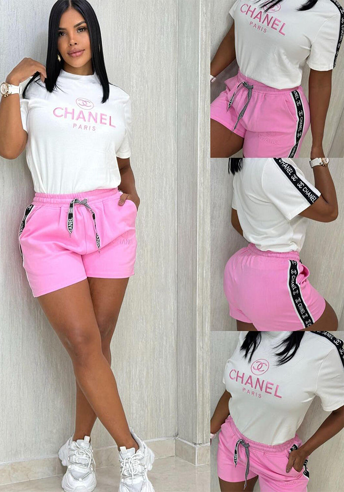Fashionable Casual Embroidered Round Neck Top & Wide-Waist Ribbon Shorts Set