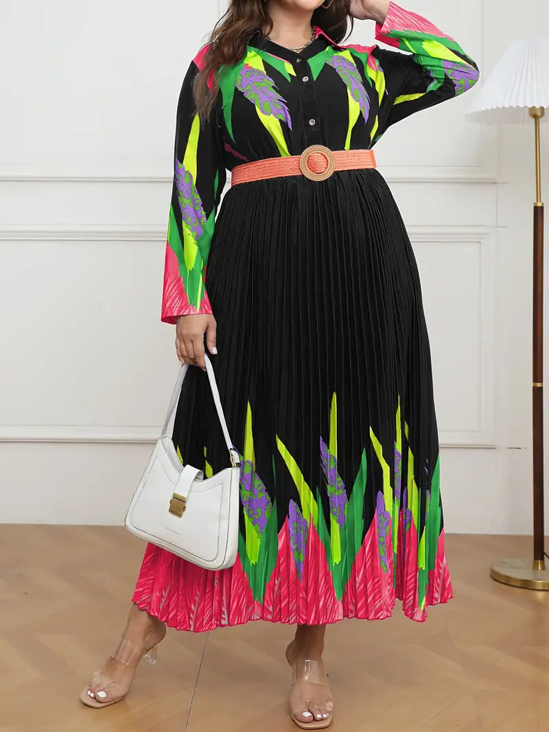 Plus Size Women Printed Pleated Long Sleeve Elegant Dress with Belt 6