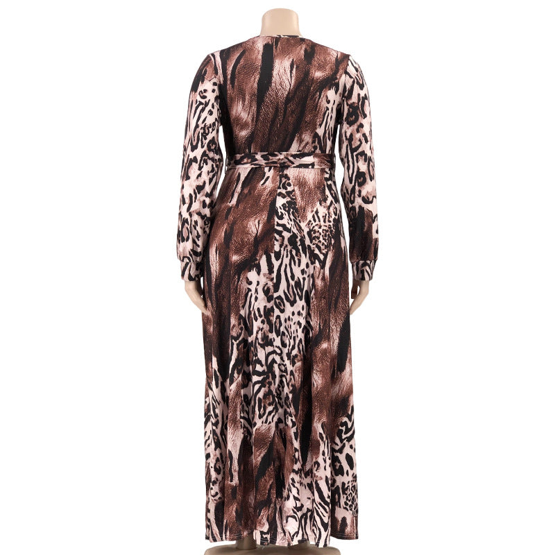 Summer Leopard Print Belted Wrap Neck Loose Plus Size Women's Dress 17