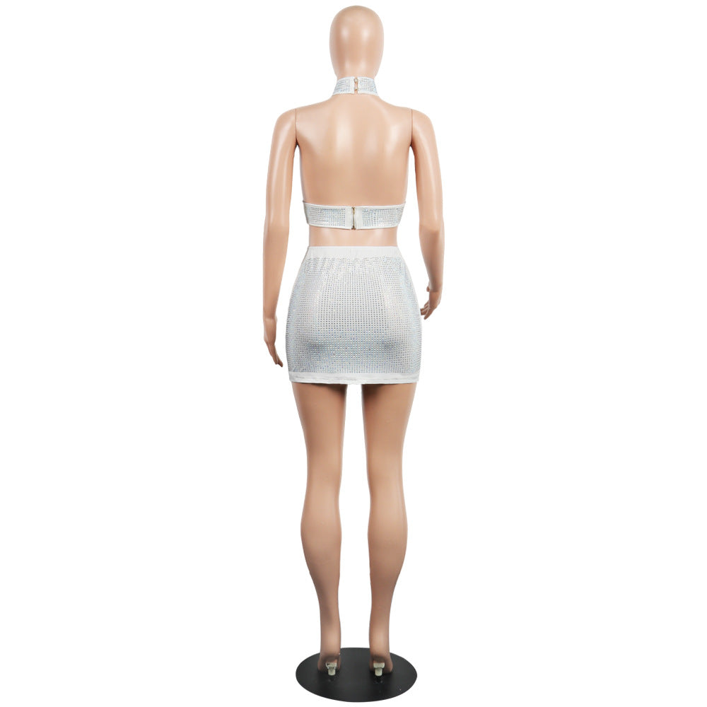 Sexy diamond-encrusted deep V-wrapped chest strap two-piece skirt set 40