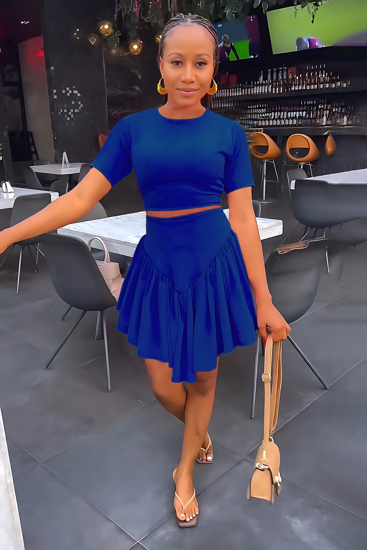 Tight Fitting Short T-shirt High Waist Casual Simple Irregular Skirt Two-piece Set 4