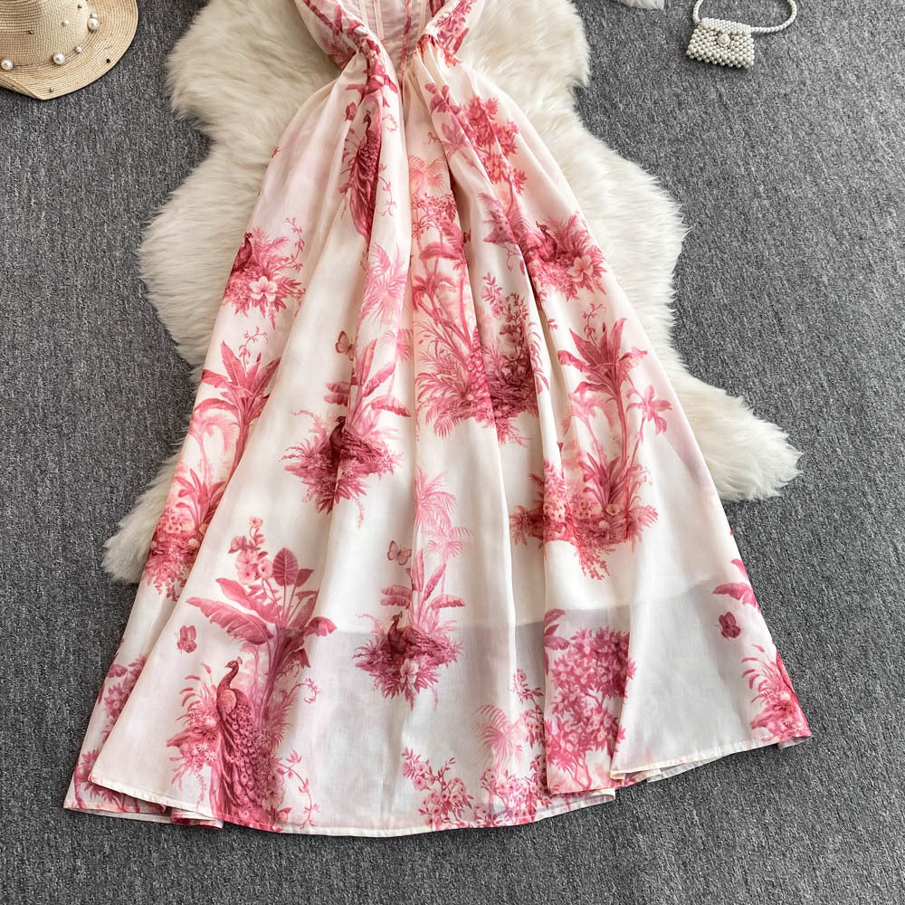 Women's Summer Printed Strap Elegant Slim Waist Long Dress 9