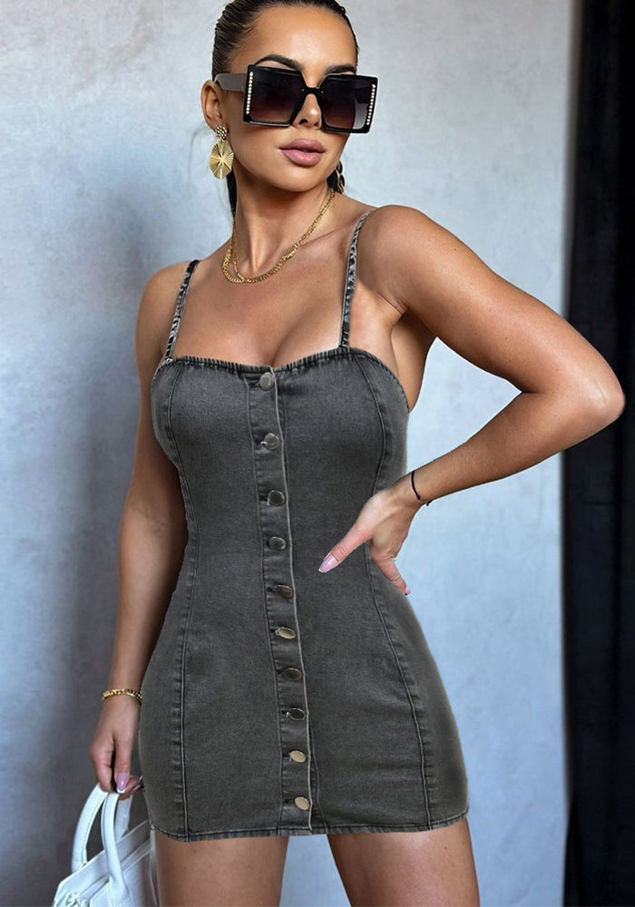 Elastic Denim Strap Single-Breasted Short Bodycon Dress