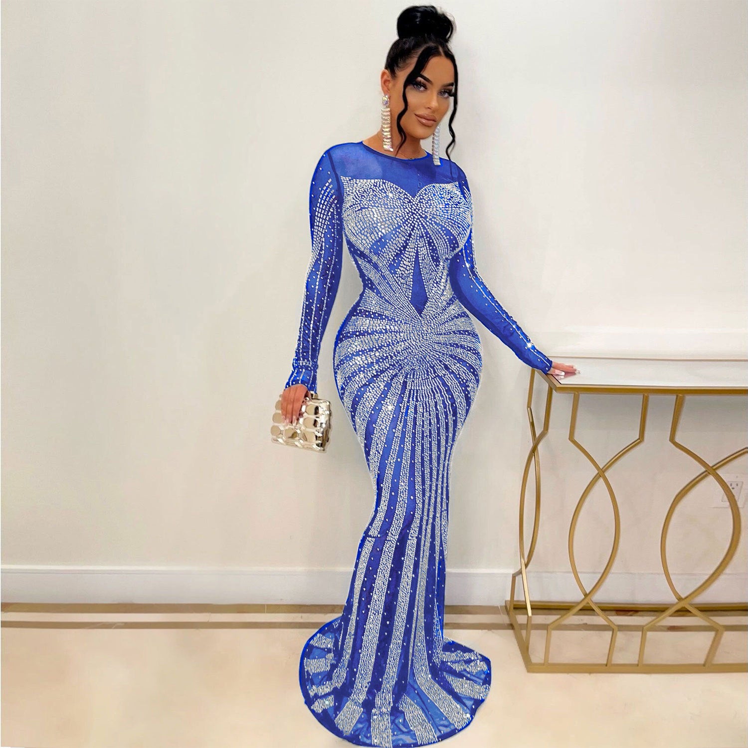 Sexy Rhinestone Beaded Long Sleeve Evening Dress 6