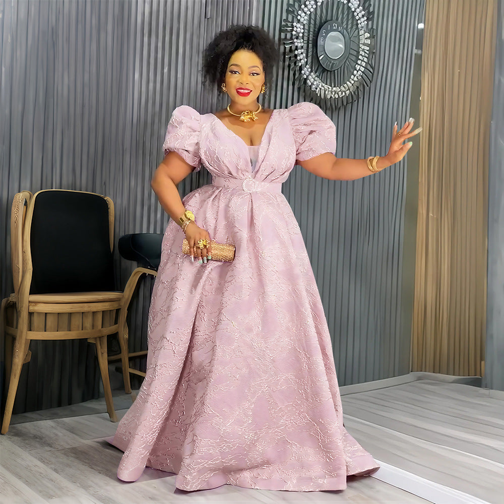 Chic Plus Size Dress Women Africa Mesh V-Neck Party Gown with Belt 3