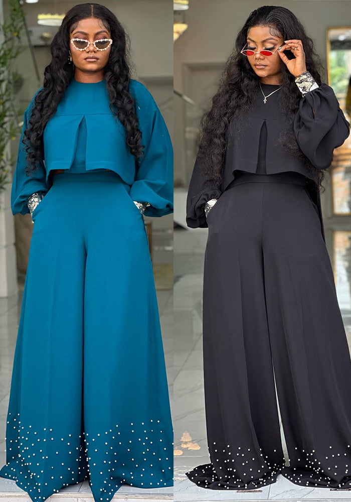 Women Spring Summer Round Neck Irregular Lantern Sleeve Top Beaded Wide Leg Pants Two-Piece Set
