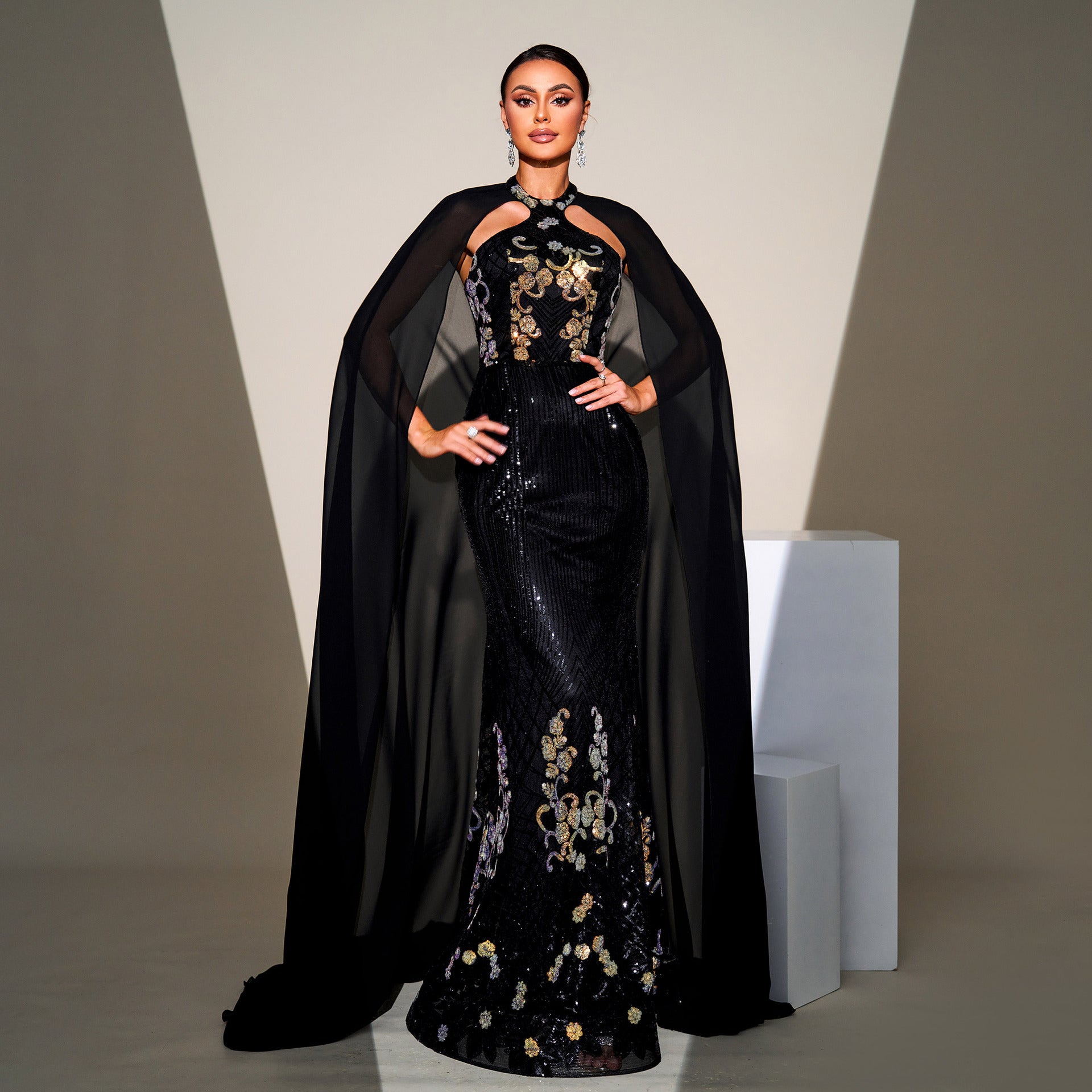 Women Halter Neck sequined mesh shawl Formal Party bridesmaid dress Maxi evening dress